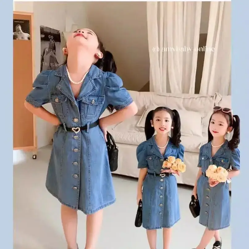 New Summer Fashionable Girls' Denim Dress Thin Short Sleeve Retro Princess Skirt Children's Clothing Vintage Princess Gown