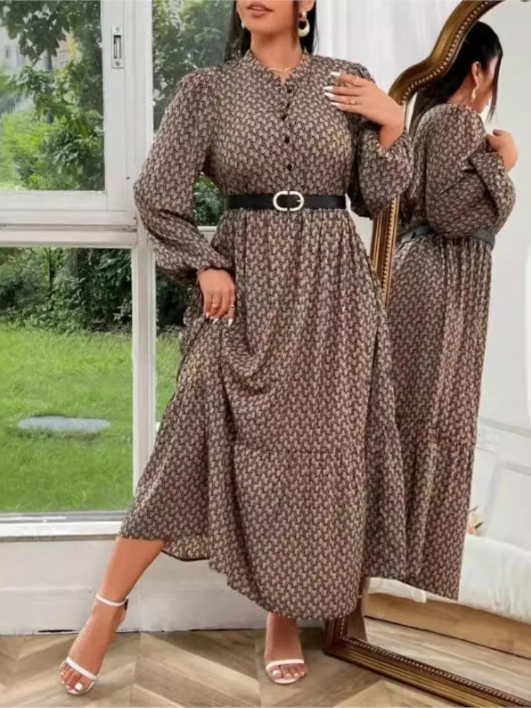 Plus Size Autumn Geometric Print Long Dress Women Loose Ruffle Pleated Fashion Long Sleeve Ladies Dresses Casual Woman Dress