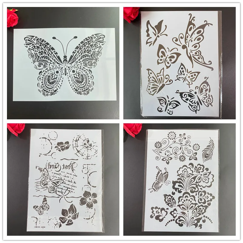 

4pcs /set A4 Mandala Stencils Painting Coloring Embossing Scrapbook Album Decorative Template cake stencil Butterfly