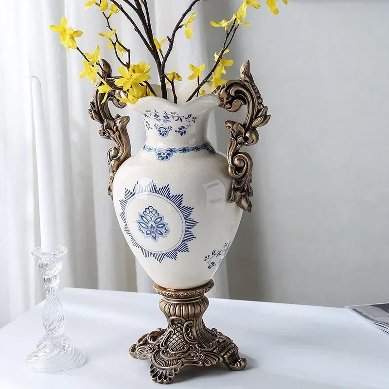 Blue and White Crack Ceramic Vase Crafts American Style Furnishings Soft Decoration Ornaments Floor-Standing Decorations Vase