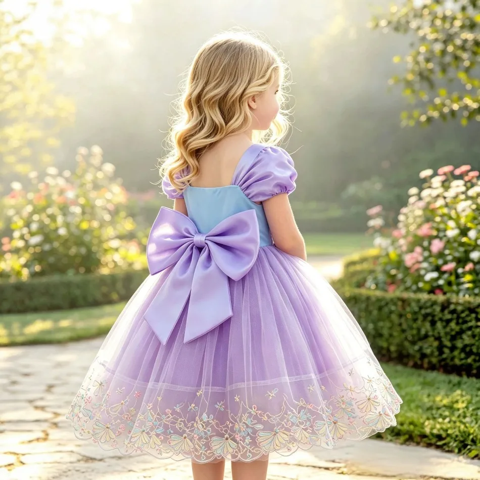 Girls Purple Sequin Princess Dress Puff Short Sleeve Embroidery Hem Tulle Tutu Gown Kid Summer Birthday Banquet Party Dress ZD36