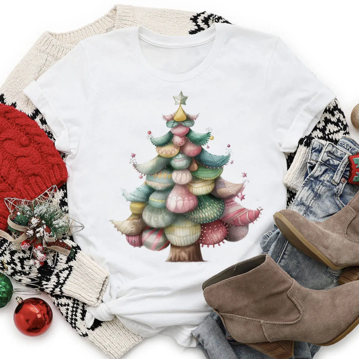 Senhoras árvore de natal padrão impresso branco topo roupas casuais estilo aquarela 90s moda manga curta doce o-pescoço camiseta