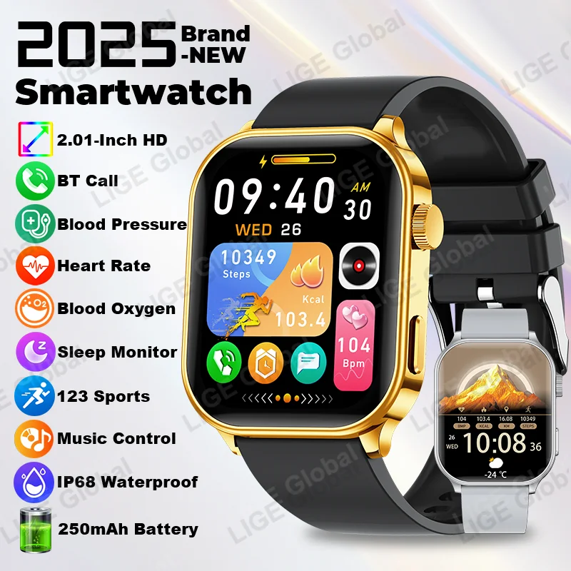 

LIGE New 2.01" Ultra HD Smartwatch Men Health Tracking Bluetooth Call IP68 Waterproof Sports Smart Watch Women For iOS Android