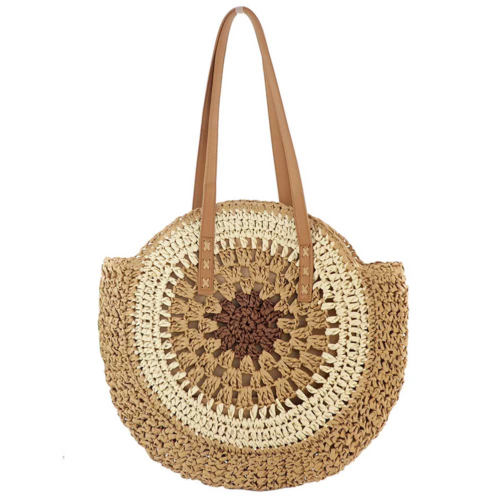 Runde Sommer-Strohtasche mit Reißverschluss, Urlaubstasche, trendige große gewebte Strandtasche, Urlaubsreise-Handtasche für Frauen und Mädchen