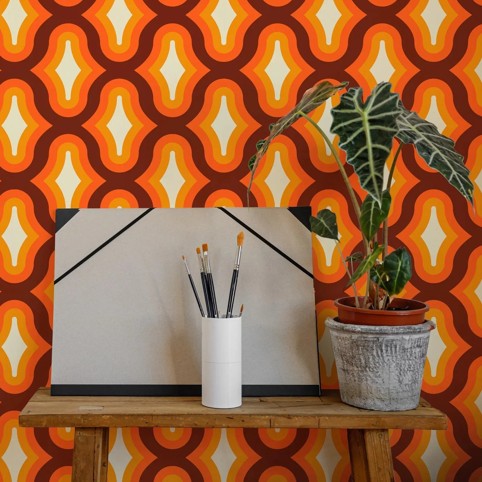 Geometric Wallpaper Peel and Stick, Orange Wallpaper For Living Room Decor,Retro Whimsical 70's Traditional Non-woven Wall Mural