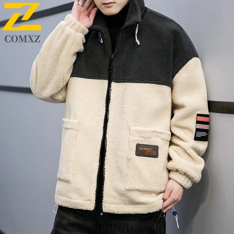 

2025Men Stand Collar Color Block Windbreaker American Style Winter Fleece Lined Windproof Thickened Outdoor Jacket Thermal Parka
