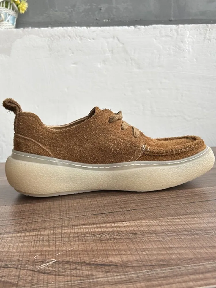 Male Genuine Leather Platform Solid Color Japanese Style Casual Shoes Cow Suede Round Toe Height Increase Retro Lace-Up Sneakers
