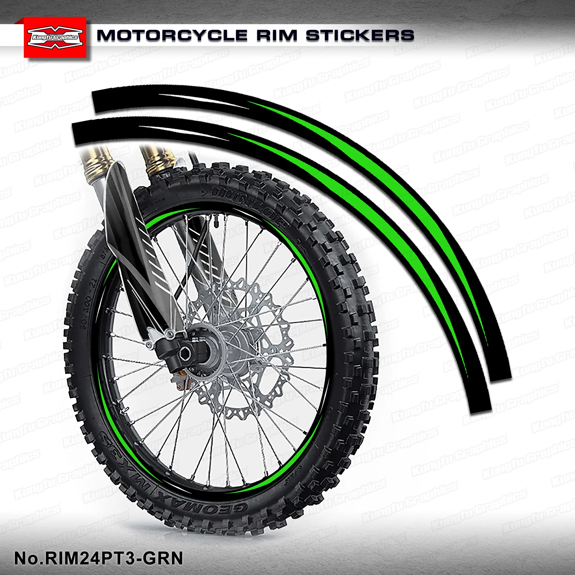 

KUNGFU GRAPHICS 16pcs Dirt Bike Rim Decal Sticker Graphics for Motorcycle Wheels KX KXF KLX, Green Black, RIM24PT3-GRN