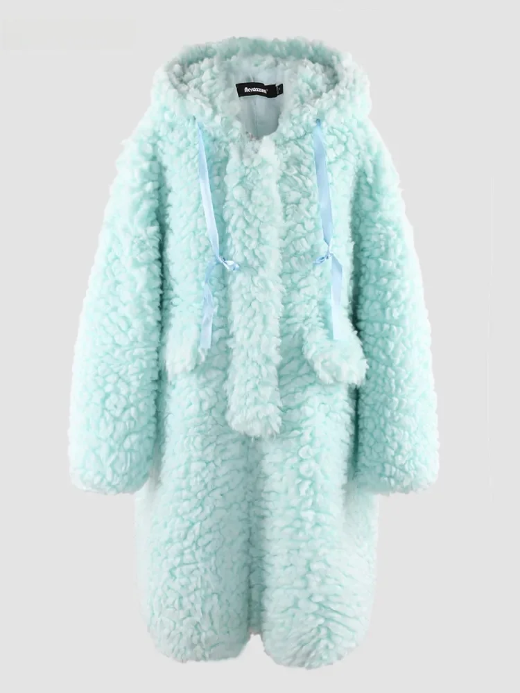 

Синее длинное пальто оверсайз из искусственного меха под овчину для женщин с капюшоном, зимняя верхняя одежда, на молнии, имитация кожи