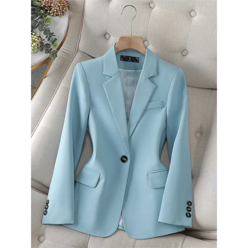 

Women's Jacket 2024 New in Blue Casual Business Work Long Sleeve Single Button Clothing Female Office Ladies Formal Jacket