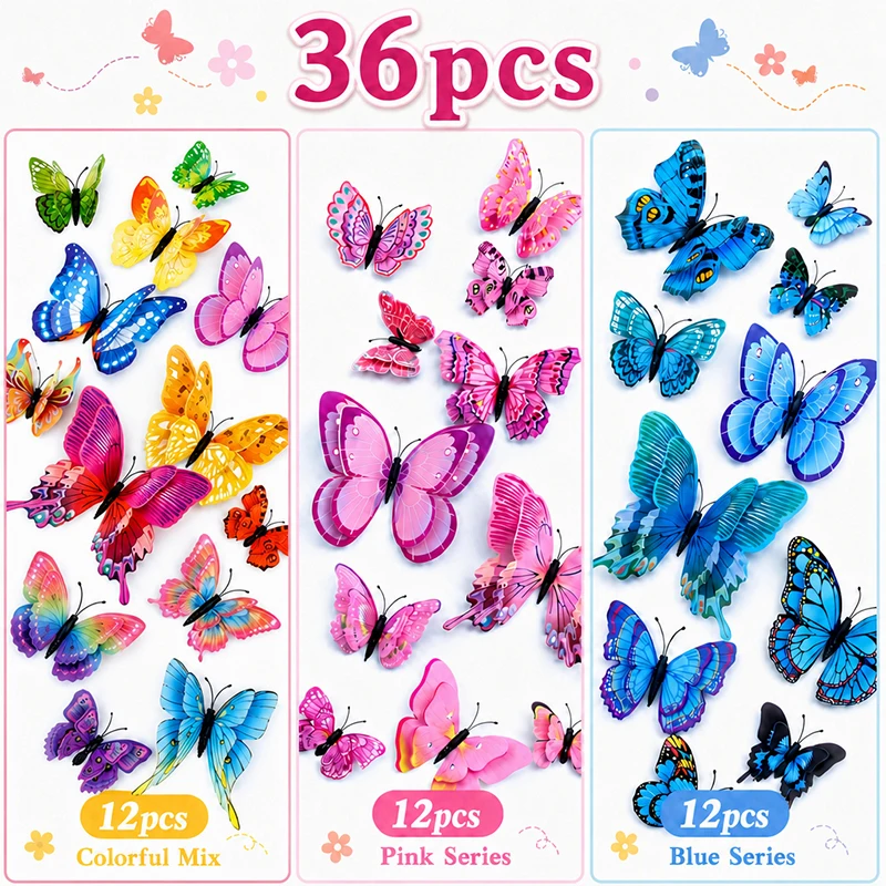 3D Butterfly Wall Decor Decorations Stickers Colorful Double Layer Magnet Butterfly for Classroom, Locker Refrigerator, Reusable