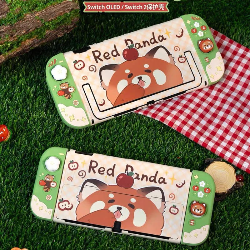 Kawaii siliconen beschermhoes en JoyCon Cover voor Nintendo Switch 2/OLED met 1 paar aangepaste duimgrepen schattige rode panda - afbeelding 2