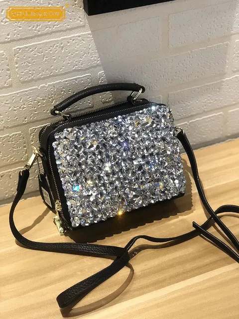 Krowa oryginalne skórzana klapka torebki damskie torebki na co dzień błyszczące diamenty Studded Sling Crossbody torba panie Party małe skrzynki