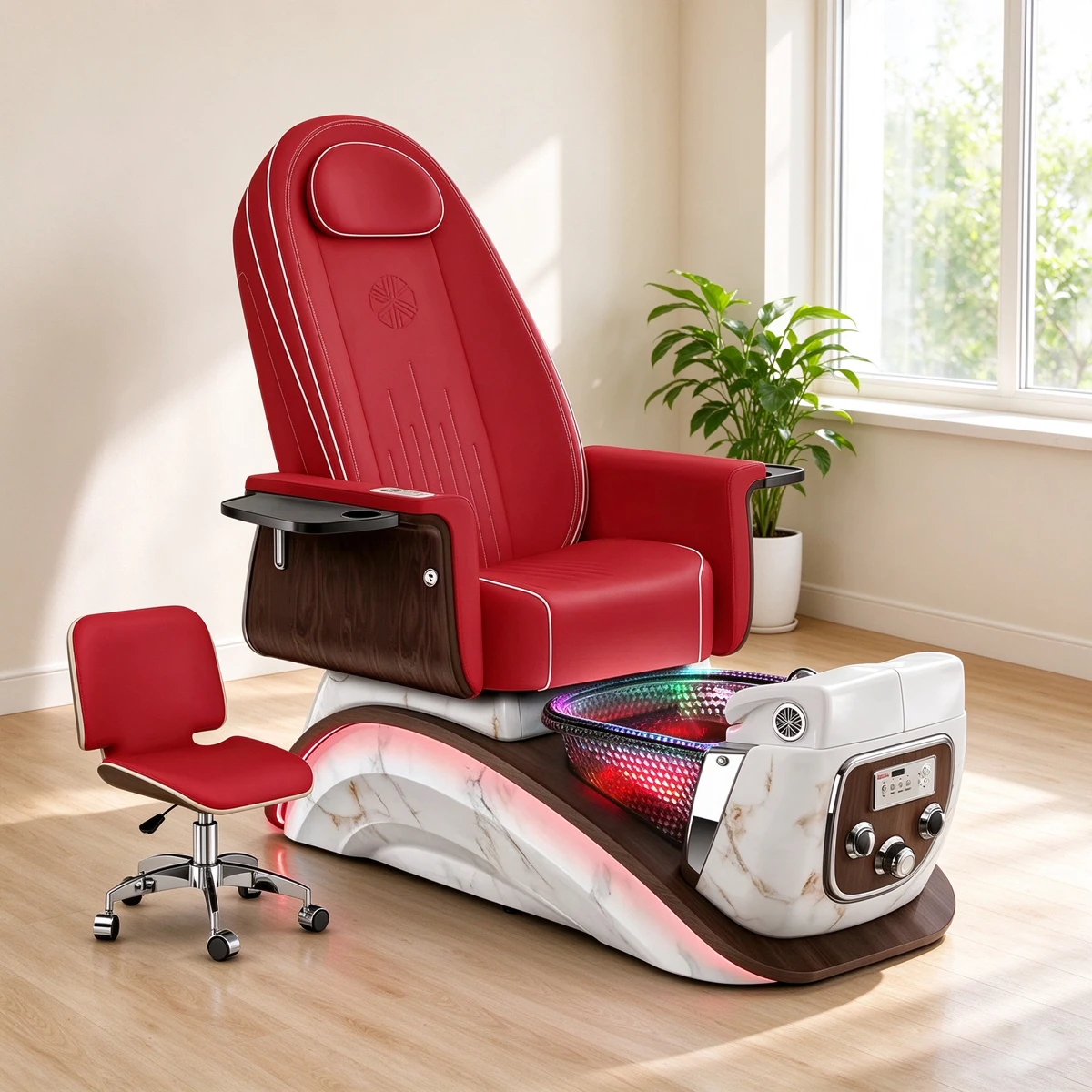 Luxury Beige PU Pedicure Spa Chair Reclining Nail Salon Pedicure Chair with Glass Foot Basin, RGB LED & Matching Technician Stoo