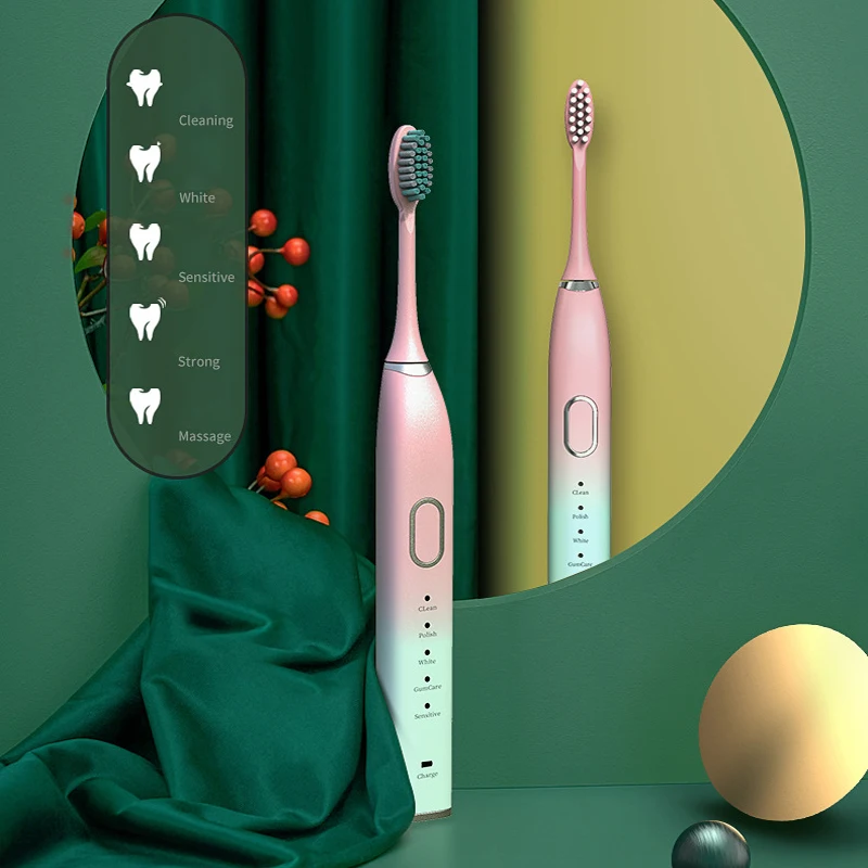 Adults Ultrasonic Electric Sonic Toothbrush Rechargeable 5 Modes Electronic Toothbrush Smart Timer with Replace Heads Travel Box