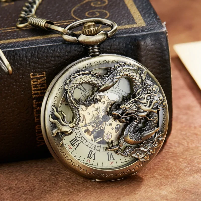 Retro personality hand-operated mechanical pocket watch with half hollow dragon pattern