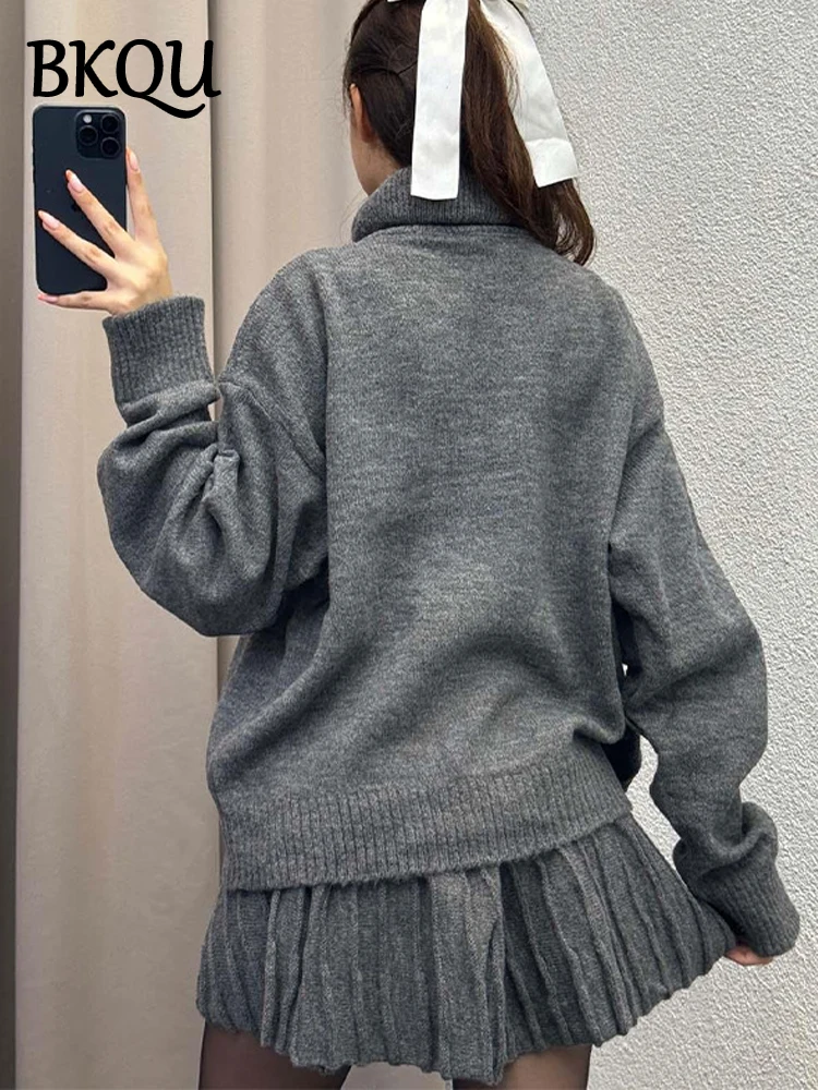 BKQU Solid Turtleneck Sweater Fashion Loose Pleated Mini Skirt Matching Set Female Streetwear Knitted Casual Lady 2 Pieces Set