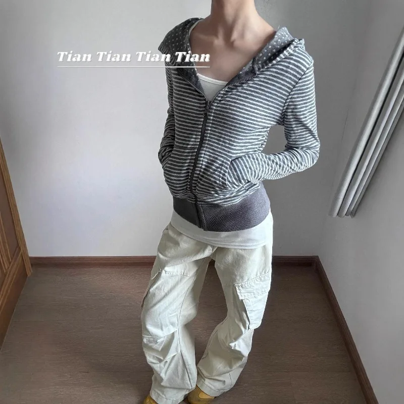 2026 Early Autumn New Vintage Slim Fit Thin Striped Hooded Cardigan Spice Girl Sweatshirt for Trendy Young Women Daily Wear