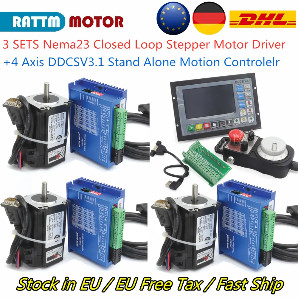 【EU】3 Sets 2N.m Nema23 Closed Loop Stepper Motor 2-Phase 288oz-in & Hybrid Servo Driver 6A 200Khz + 4 Axis DDCSV 3.1 Controller