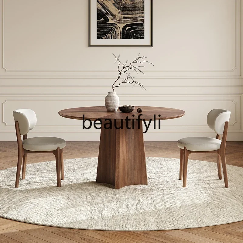 

Solid Wood Dining Table Round with Turntable for 6 People Household Retro Modern Simple Black Walnut Round Dining Table0420