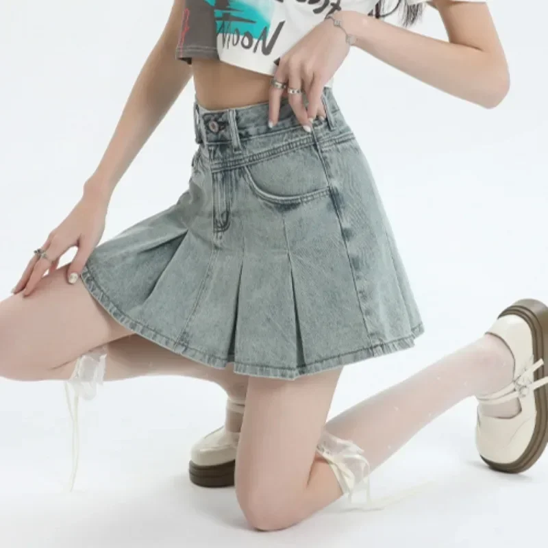 

Retro Skirts Women Solid Pleated High Waist Denim OL Korean Fashion Chic All-match Leisure A-line Pocket Slim Summer New Design