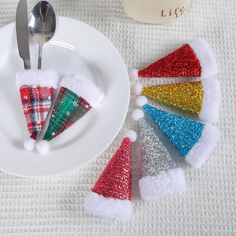 

10PCS Christmas Sequins Mini Knife and Fork Set Christmas Hat Knife and Fork Decoration Home Table Tabletop Christmas Decoration