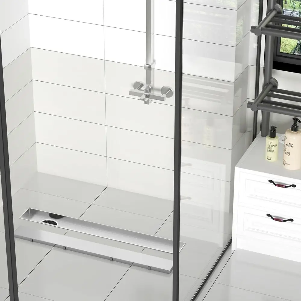 24-Inch Linear Shower Drain with Tile Insert, Brushed Stainless Steel, Recessed Side Outlet, Adjustable Leveling Foot, Hair Stra