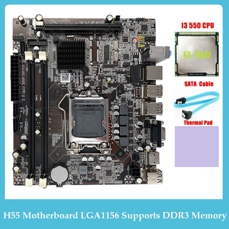 

Материнская плата H55 LGA1156 с поддержкой I3 530, I5 760, Замена материнской платы с памятью DDR3, Процессор I3 550 + кабель SATA + термоподушка