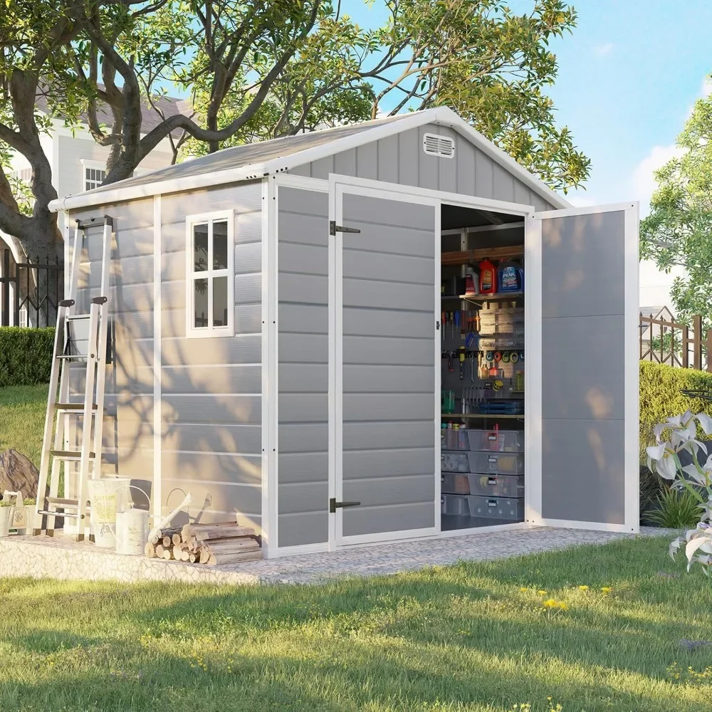 8 x 6 ft Resin Storage Shed with Floor, Tool Shed Outdoor Storage with Vents, Window, and Stainless Steel Cores, Grey