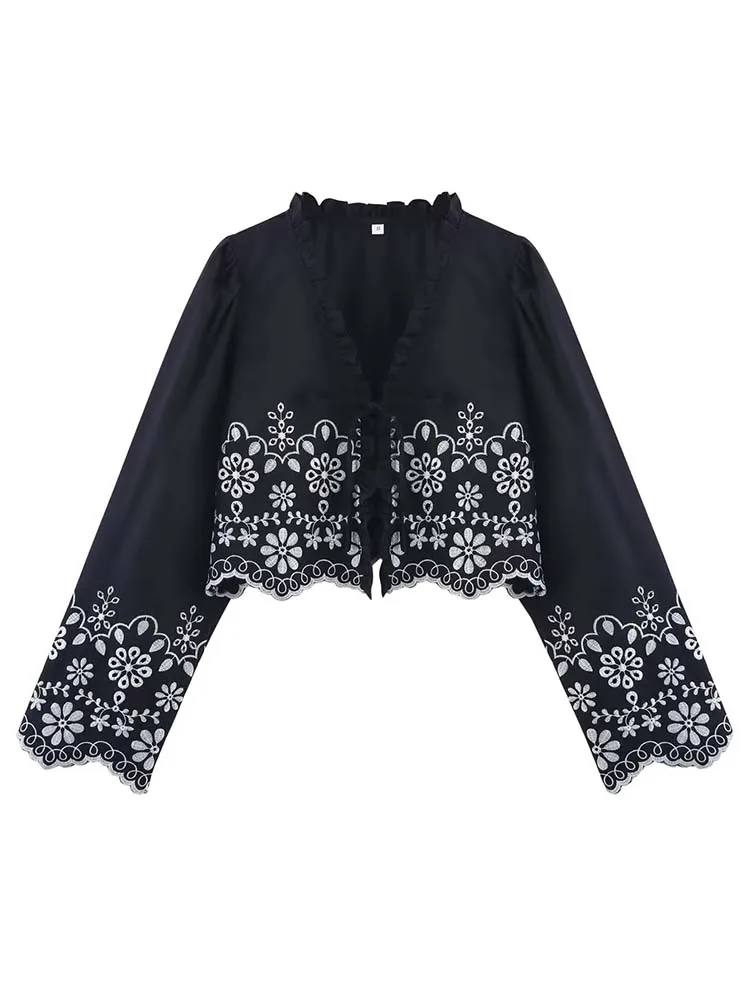 Camicie estive da donna Camicette Top 2025 Ricamo floreale vintage con coulisse Fiocco femminile Elegante top da strada