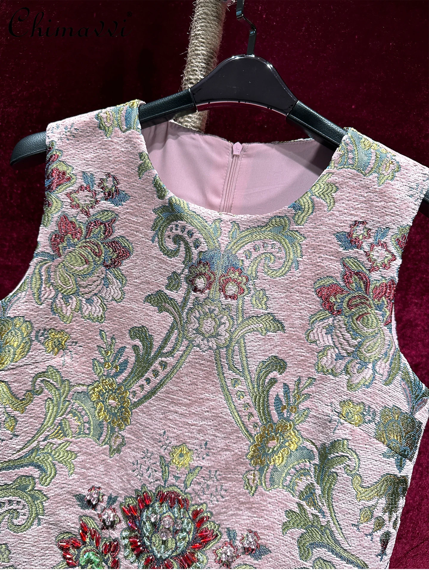 Robe débardeur en Jacquard à perles lourdes, sans manches, haut de gamme, Vintage, col rond, élégante, courte, nouvelle collection automne 2025