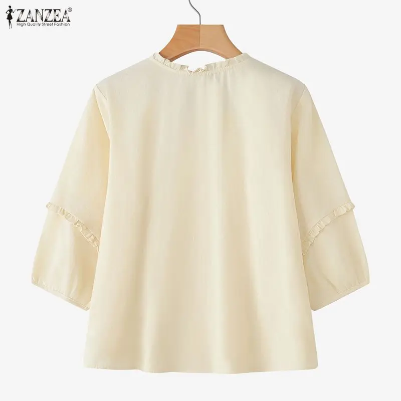 ZANZEA Camicie da donna in cotone e lino ricamato con volant e maniche a sbuffo a 3/4 Camicia con bottoni Primavera Estate Abbigliamento donna S-3XL