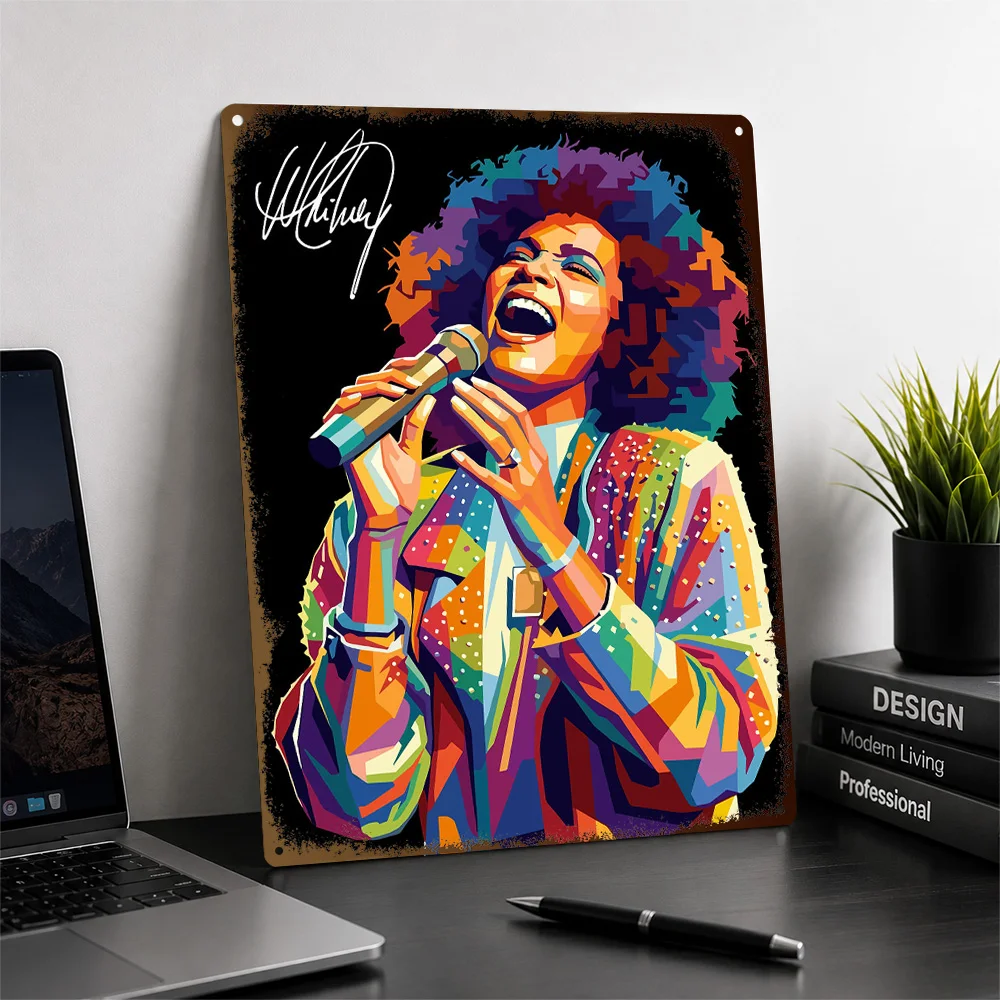 Whitney Houston Singing Pop Graphic Textured Poster Customized Metal Tin Sign Vivid Rhythm Icon Wall Art Made For Music Lovers