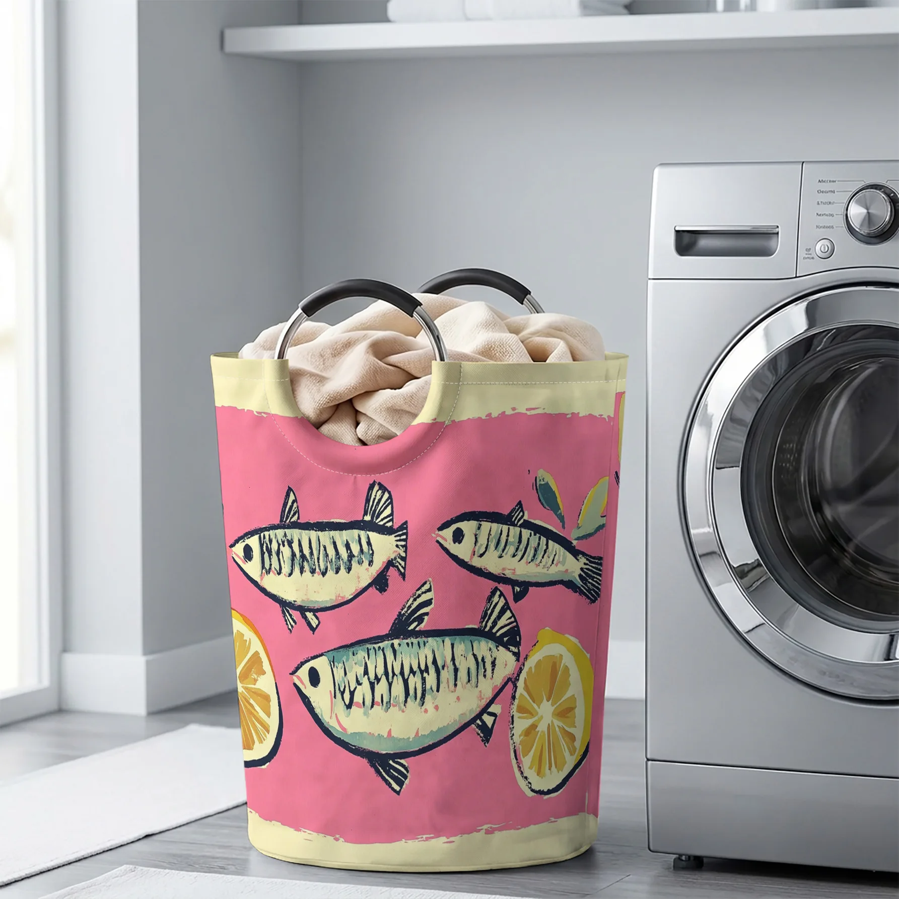 Pink Background Print Fish And Lemon Handheld Storage Basket, For Laundry, Bedroom & Home Sundries Storage