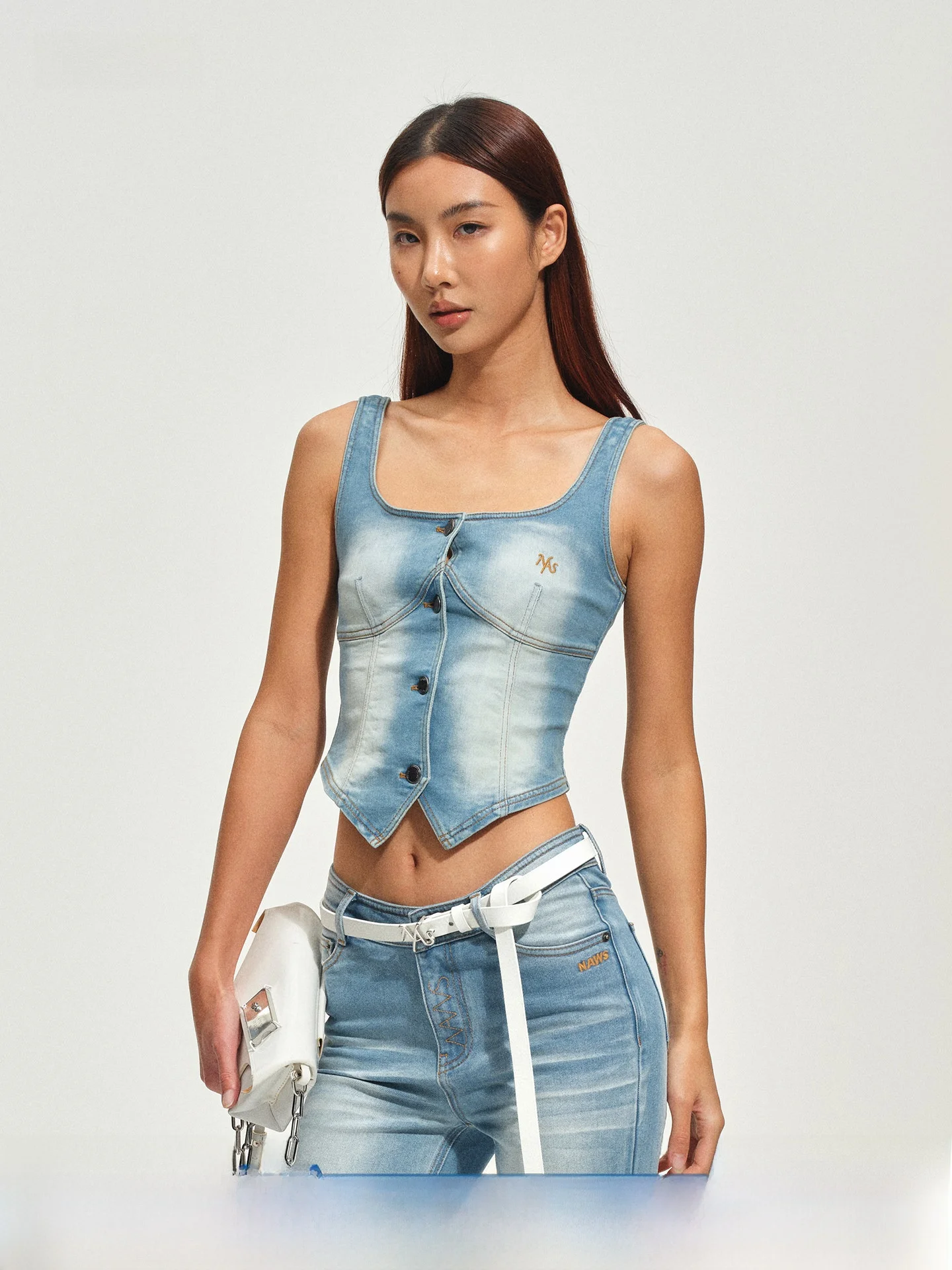 

Джинсовый жилет NAWS Knight с эффектом похудения, U-образным вырезом, из твила, облегающий, с завязками на талии, для женщин