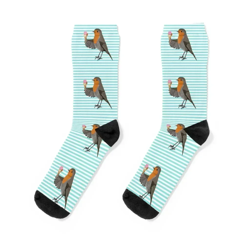 Robin with Icecream bird drawing gift women girls men birdwatcher biologist Socks summer cartoon Socks For Men Women's