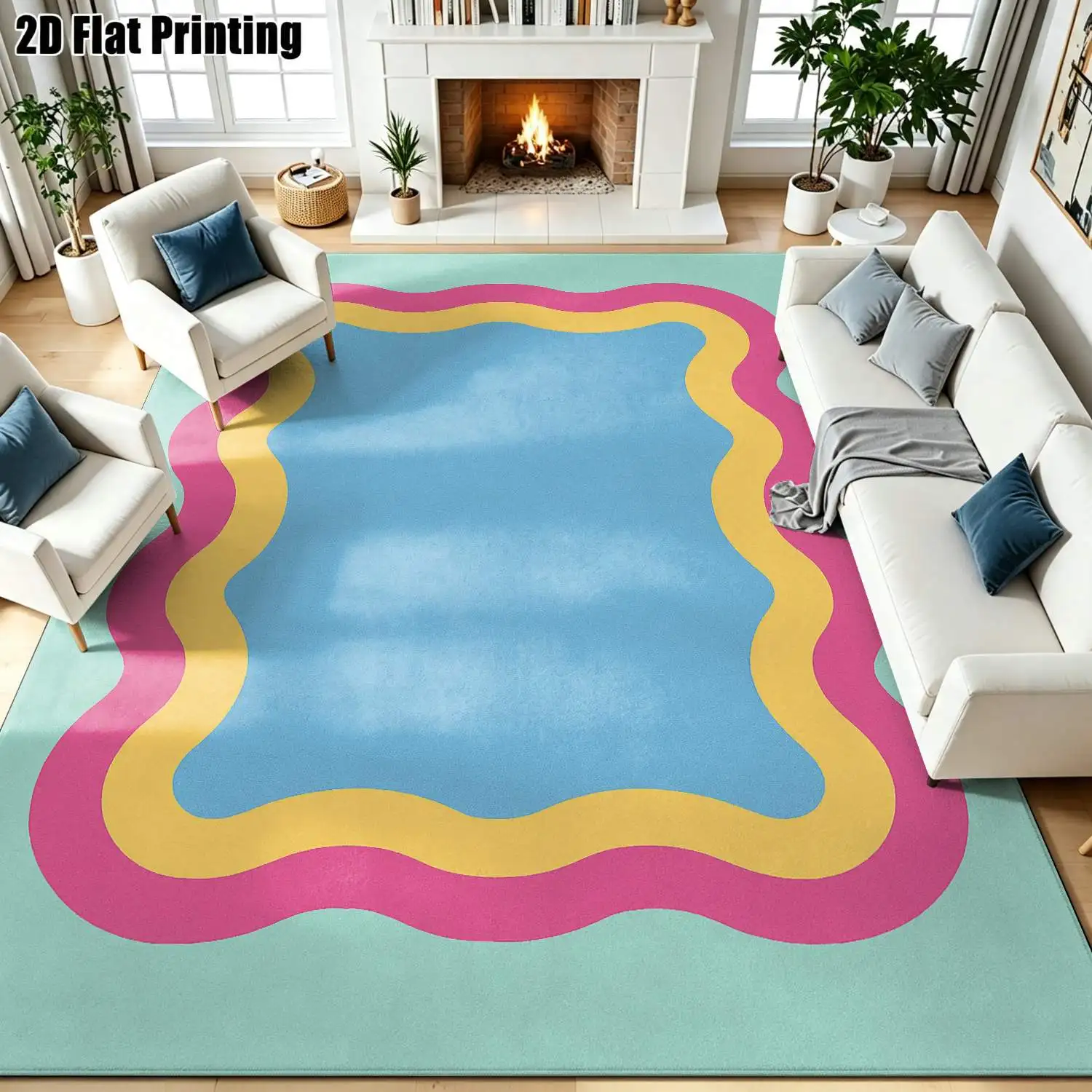 1Pc 2D Printed Carpet: Pink-Yellow-Blue Wave Border, Nordic/Instagram/Modern Minimalist/Geometric Striped/Retro Style, Washable, Multi-Size, for Home Decor, Multiple Scenarios