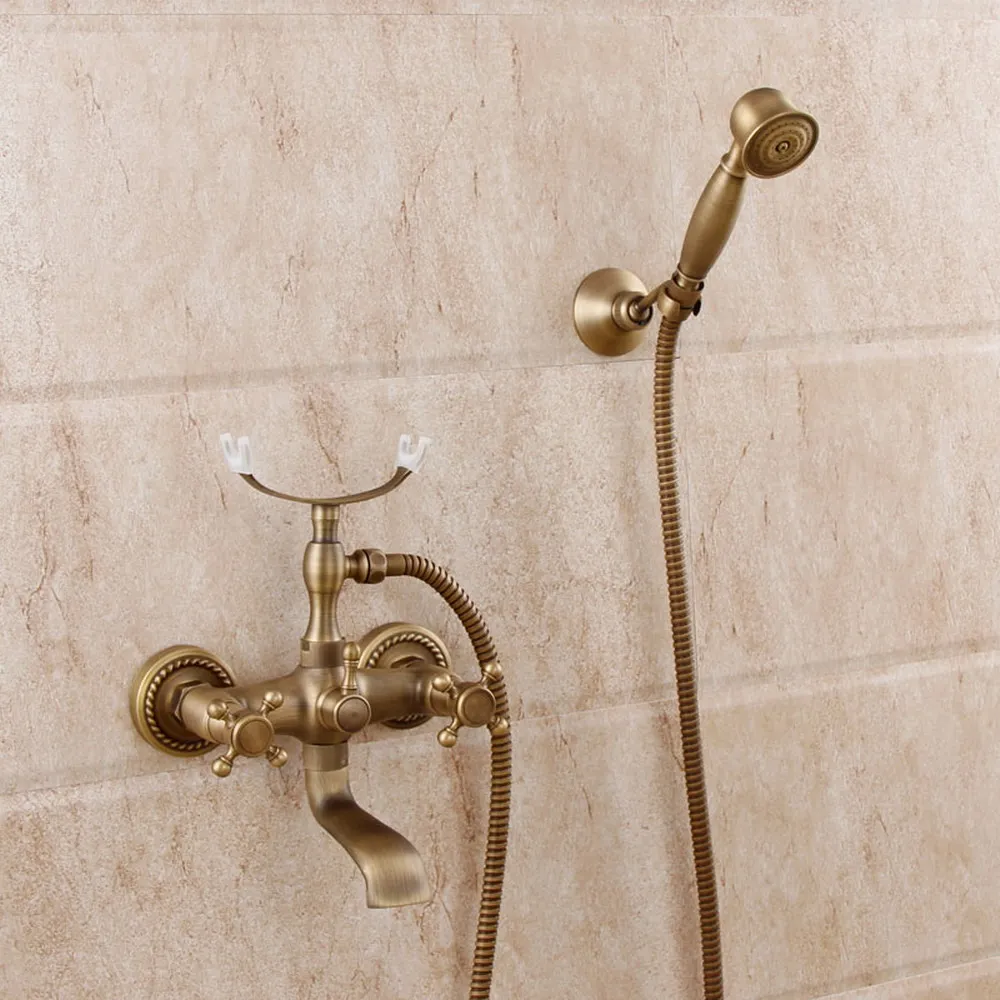 

Wall Mounted Bathtub Faucet Antique Brass Tub Sink Faucet Telephone Style Bathroom Bath Shower Set with Handshower Ntf352