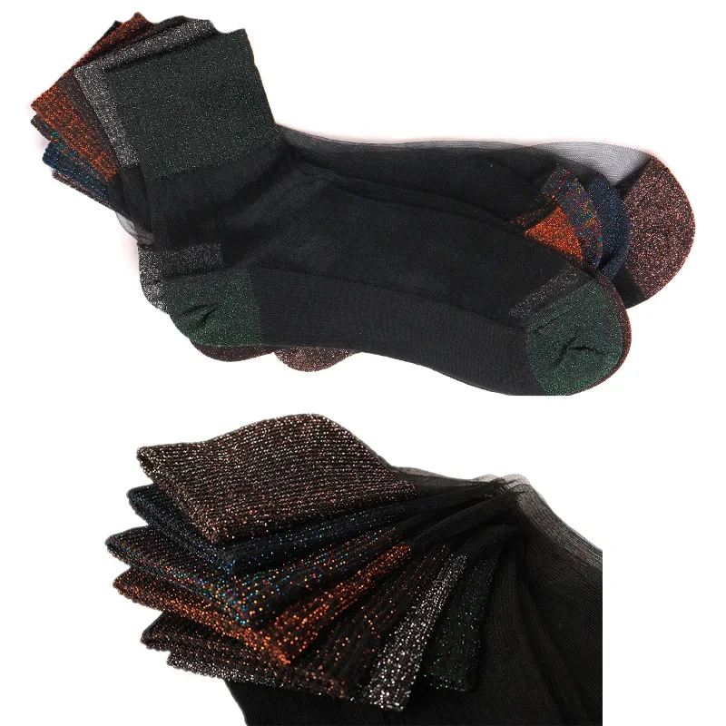Women Summer Ultra-thin Transparent Socks Gradient Color Glitter Crystal Glass Silk Socks Lace Shiny Elastic Short Socks