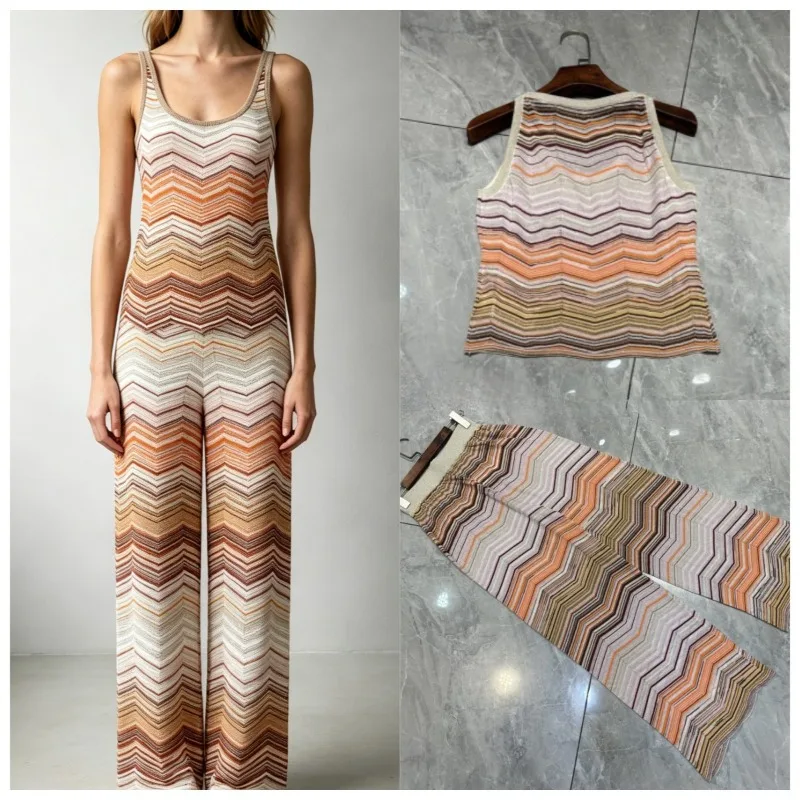 Metallic Sequin Striped Print Knitted Pants Set Women 2026 Summer New Slim Fit Fashion Vest+Straight Pants 2-Piece Set High-End