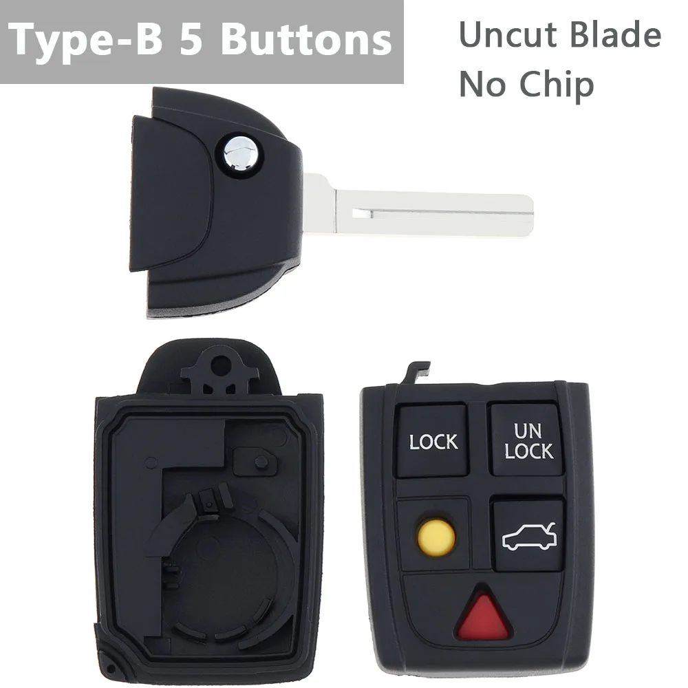 5 Buttons Flip Remote Key Case FOB Replacement Fit for VOLVO S80 1999-2006 / S60 2000-2009 /  V70 2000-2007 XC90 2002-2013