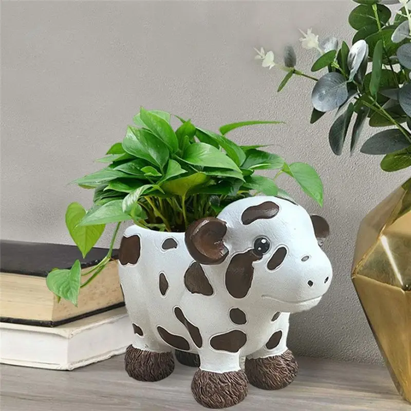 PZHI Plateau Cow Resin Planter Pot, Funny Flowerpot, Novelty Storage Container, Cute Desktop Decor, Unique Gift for Plant Lovers