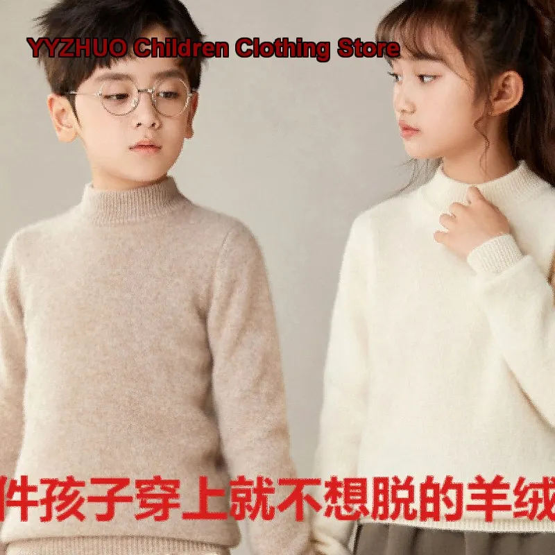 Boys Girls Pullover Sweater Kids Autumn Winter Cashmere Knit Top Solid Color Thickened