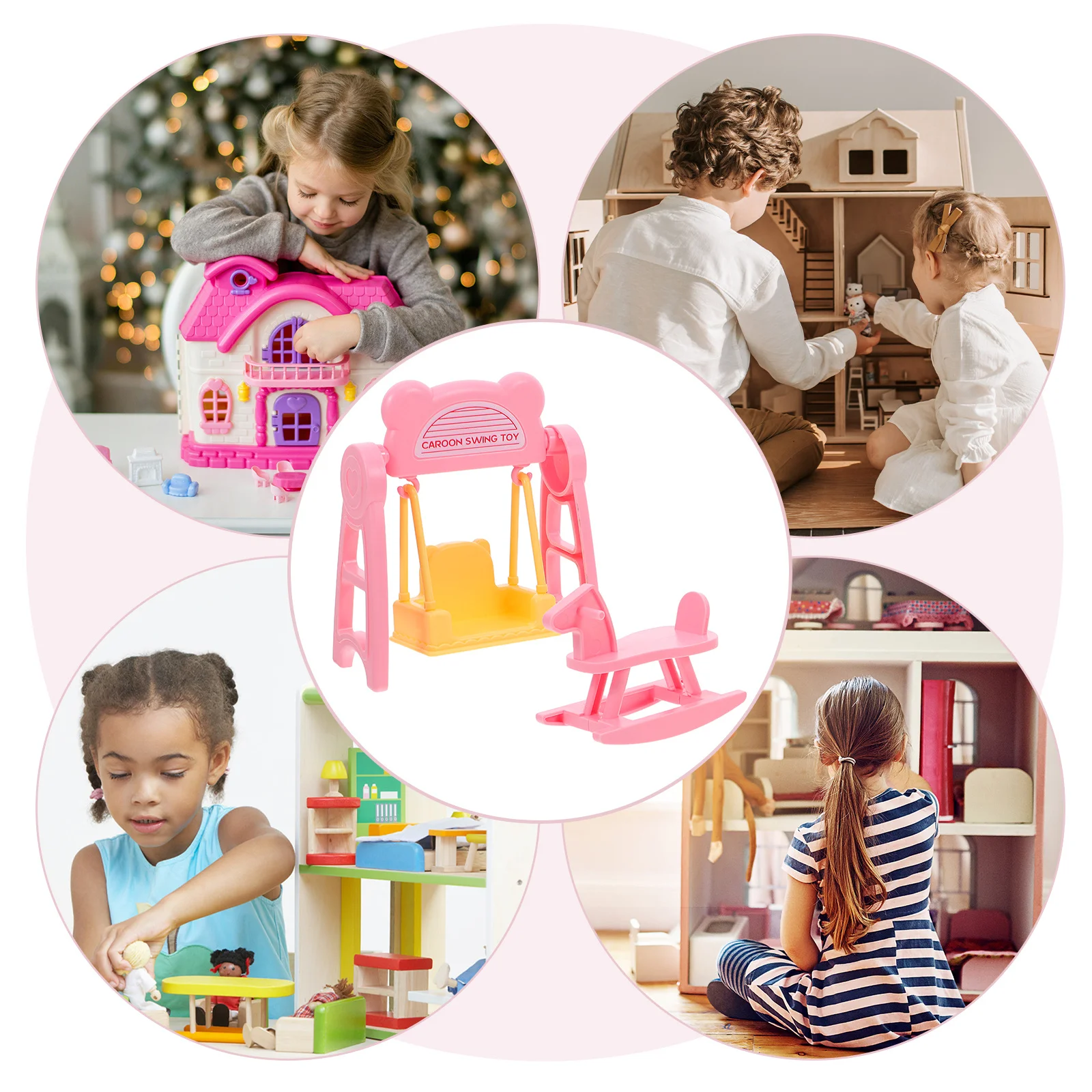 Conjunto de móveis para casa de bonecas em miniatura, 2 conjuntos, crianças, fingir jogar, dramatização criativa, interior, ar livre, família, atividade de colagem, balanço