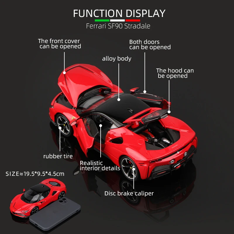 Bburago 1:24 Ferrari SF90 Stradale 합금 스포츠카 정적 다이캐스트 차량, 소장용 모델 장난감, 다이캐스트 Voiture 선물