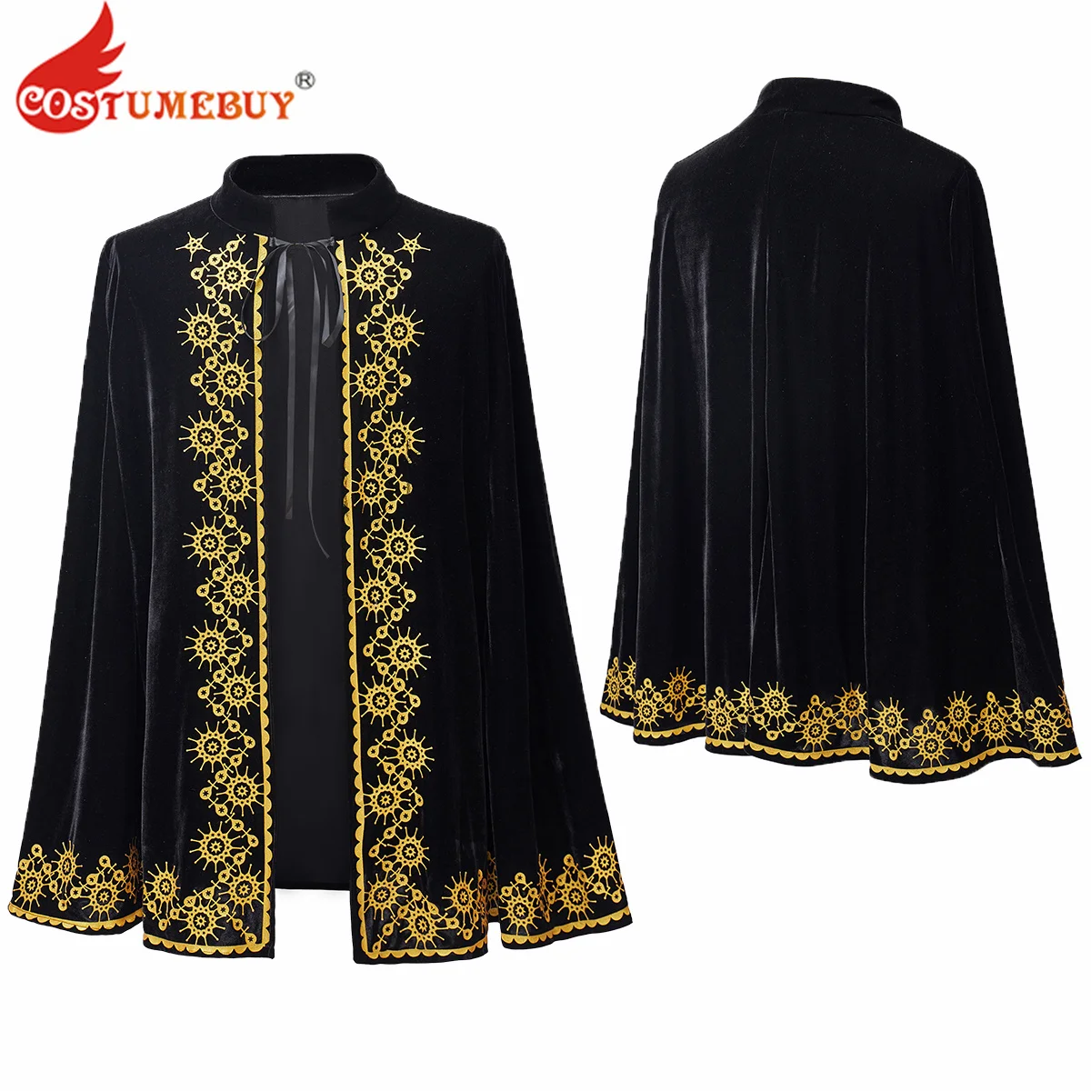 Mantello medievale in velluto nero del 18 ° secolo con finiture dorate mantello di Halloween Costume medievale Prince King Cape for Men