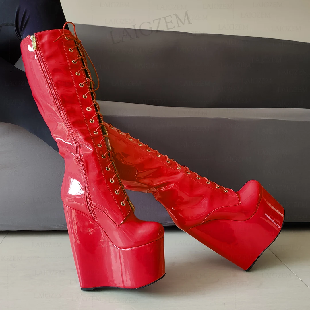 ZHIMA Women Knee High Boots 20cm High Heels Platform Wedges Side Zip Up  Tall Boots Handmade Shoes Woman Big Size 37 41 43 47