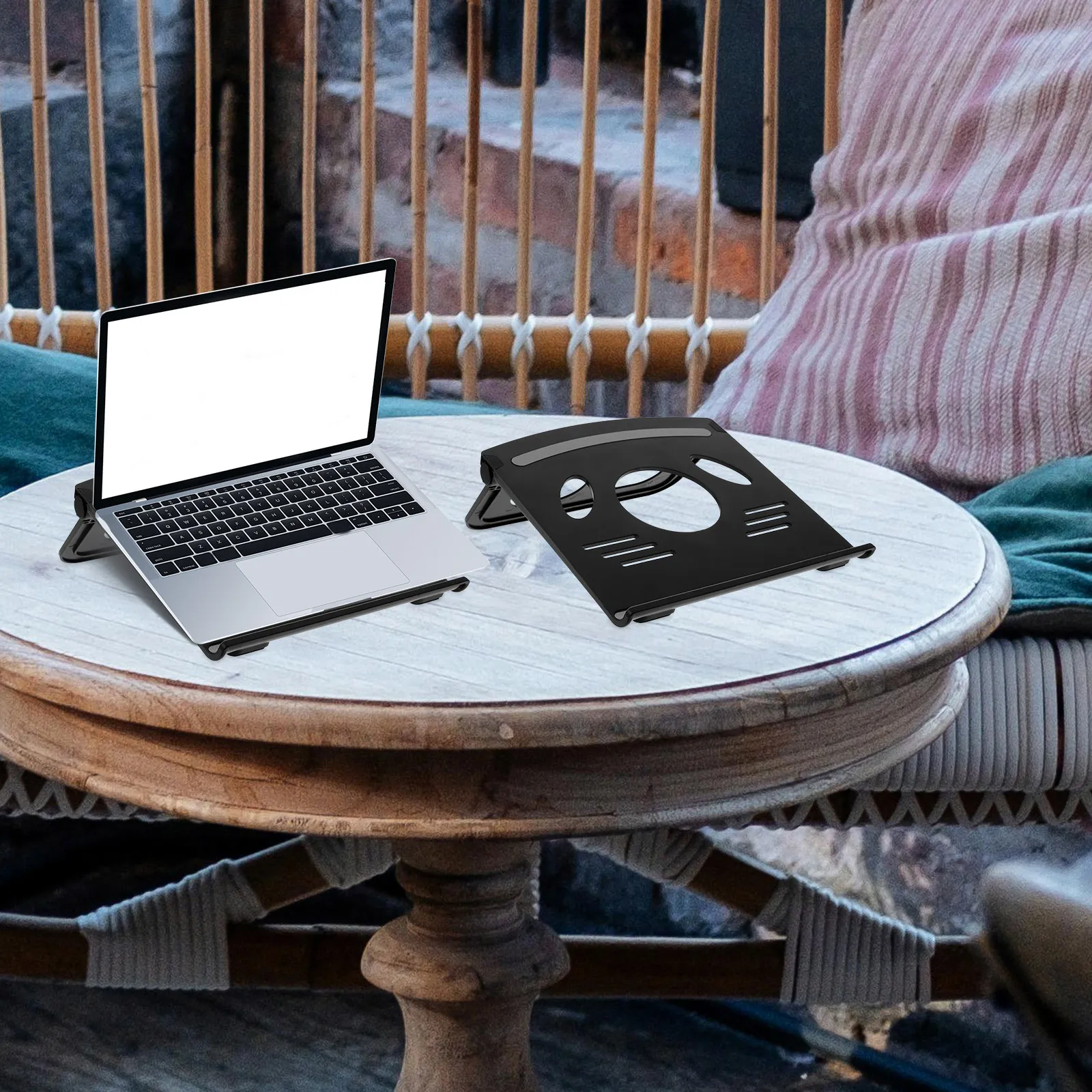 

Laptop Cooling Stand Black Foldable Portable Notebook Holder for Desk Anti Slip Pads ABS Material Space Saving Laptop Riser
