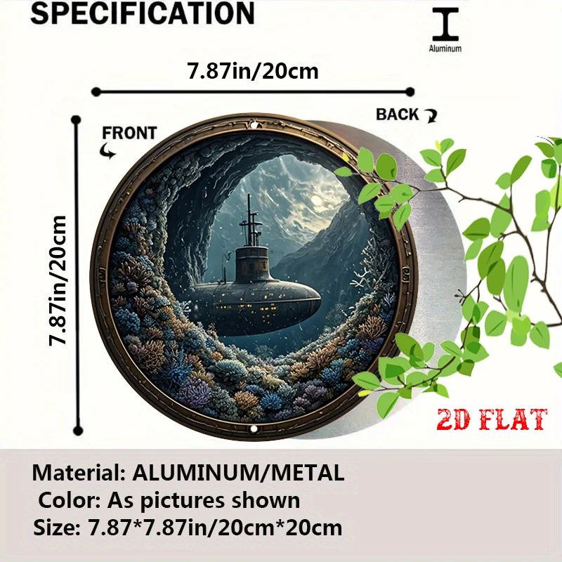 2D Flat - One-Piece 2D Flat Sign Featuring a Submarine, Round Adventure-Themed Sign with an Ocean View Measuring 19.81X19.81 cm