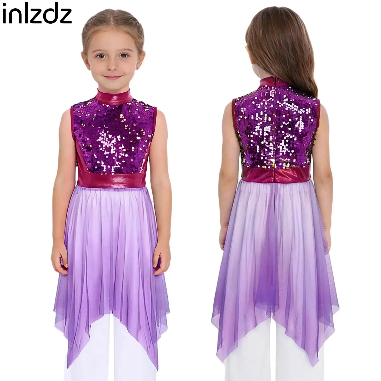 

Kids Girl Lyrical Contemporary Dance Costume Liturgical Worship Praise Dance Tunic Dresses Sleeveless Shiny Sequins Bodice Dress